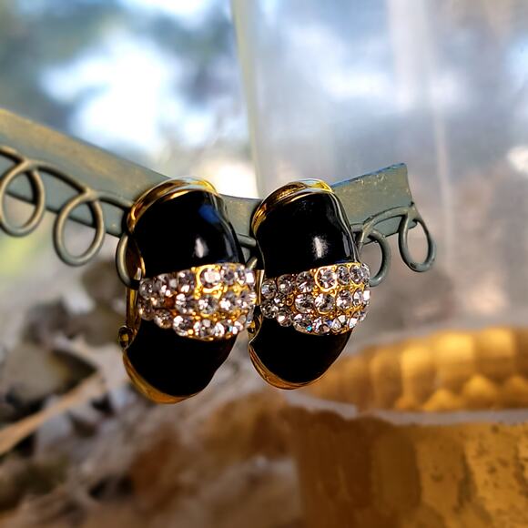 Black and Gold Enamel Clip-On Earrings with Rhinestones - Picture 9 of 10